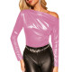 High Street Asymmetric Ruched Womens T-shirt Blouse Metallic Long Sleeve Slash Neck Top Office Ladies Evening Party Outfit Shiny
