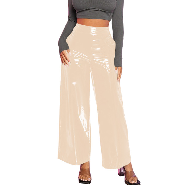 Office Lady Baggy Pants Casual Wetlook PVC Leather Women Clothing High Waist Solid Black Pants Gothic Streetwear Women Pants