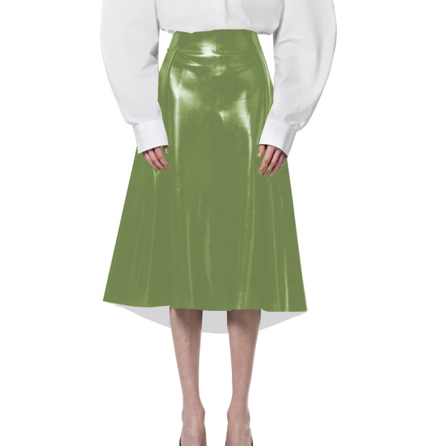 Casual Dating Midi Skirt for Womens Elegant A-line Solid Color PVC Shiny Skirts Wetlook PU Leather High-Waisted Office Skirts