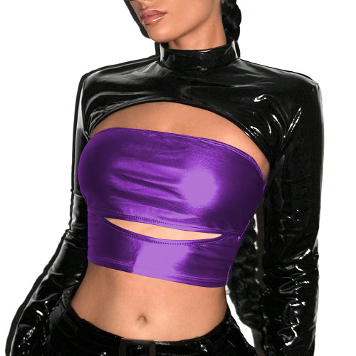 Punk Metallic Shiny Tube Top Sexy Strapless Top Nightclub Sleeveless Off Shoulder Bodycon Crop Top Womens T-shirt Party Clubwear