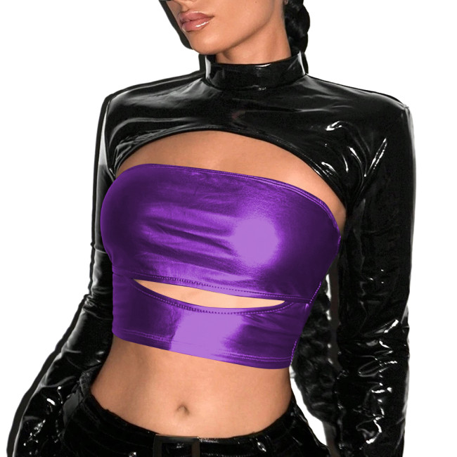 Punk Metallic Shiny Tube Top Sexy Strapless Top Nightclub Sleeveless Off Shoulder Bodycon Crop Top Womens T-shirt Party Clubwear