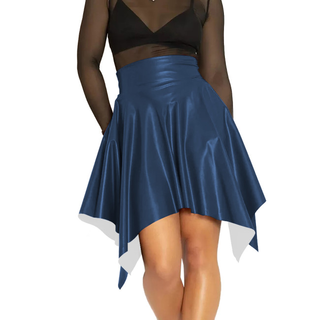 Casual PU Leather Asymmetrical Hem Mini Skirt Vintage Women Slim Fit Dance High Waist Faux Leather Skirts Sexy Club A-Line Skirt