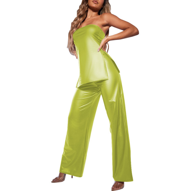 Summer Two Piece Set Women Sexy Club Tube Top Slim Fit Matte High Waist PU Leather Pants Chic Office Lady Pant Sets Streetwear