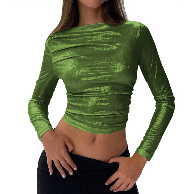 Womens Metallic Long Sleeve T-Shirt Blouse Fashion Casual Solid Crop Tops Punk Girls T-shirt for Clubwear Office Ladies Costume