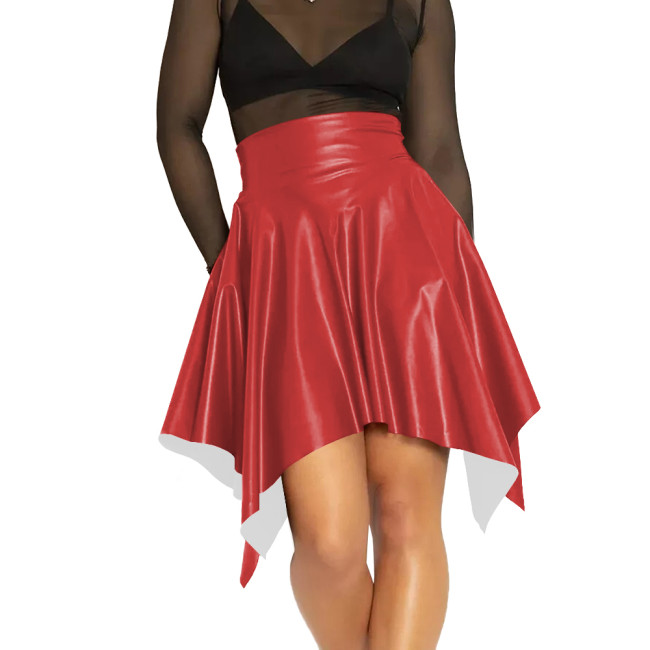 Casual PU Leather Asymmetrical Hem Mini Skirt Vintage Women Slim Fit Dance High Waist Faux Leather Skirts Sexy Club A-Line Skirt
