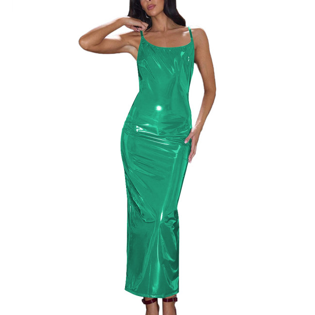 Summer Wetlook Long Dress Glossy Sexy Spaghetti Strap Back Slit Dresses Shiny PVC Party Club Women Dress Elegant Gowns Vestidos