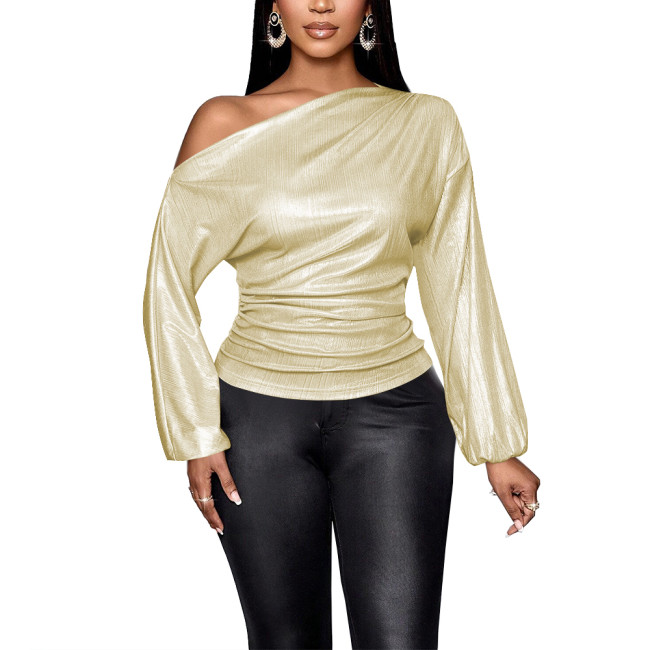 Long Sleeve Solid Graphic T Shirts for Women Slim Fit One Shoulder Sexy Tops Office Lady Shiny Metallic Casual Vintage Clothes