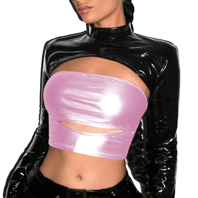 Punk Metallic Shiny Tube Top Sexy Strapless Top Nightclub Sleeveless Off Shoulder Bodycon Crop Top Womens T-shirt Party Clubwear