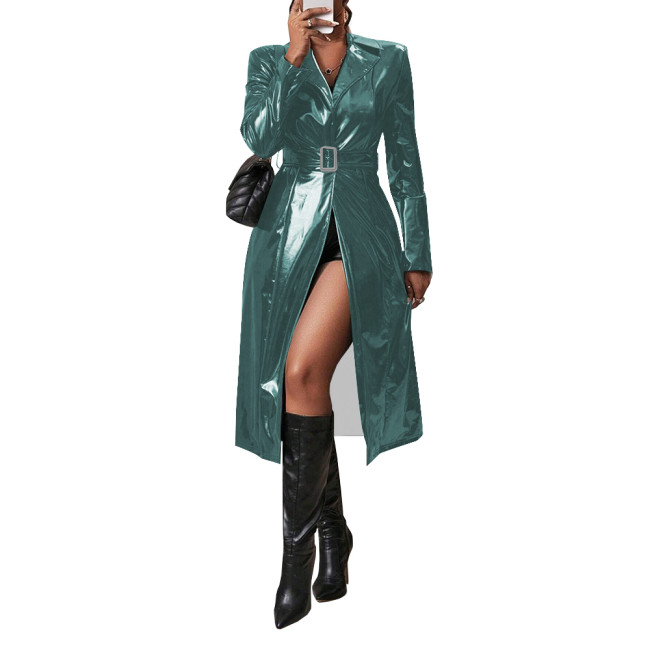 Shiny PVC Leather Belted Trench Coat Winter Clothes Wetlook Women Lapel Long Sleeve Slim Fit Faux Latex Long Coat Sissy Clubwear