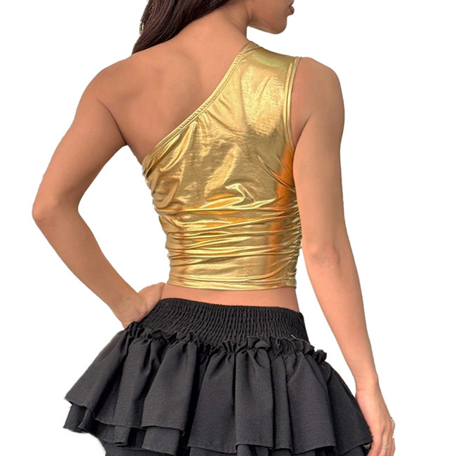 Sexy Women Shiny Metallic Slim Fit Corset Crop Top Casual One Shoulder Tank Tops Rave Outfit Dancewear Sleeveless Sexy Tops