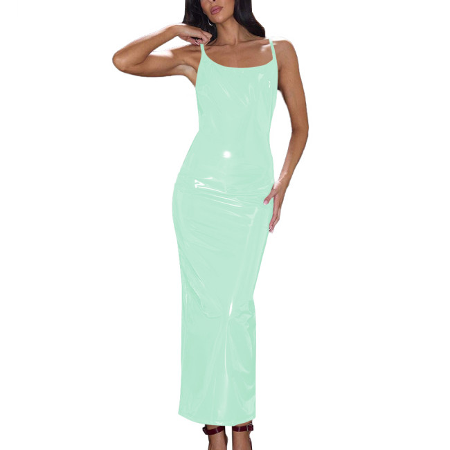 Summer Wetlook Long Dress Glossy Sexy Spaghetti Strap Back Slit Dresses Shiny PVC Party Club Women Dress Elegant Gowns Vestidos