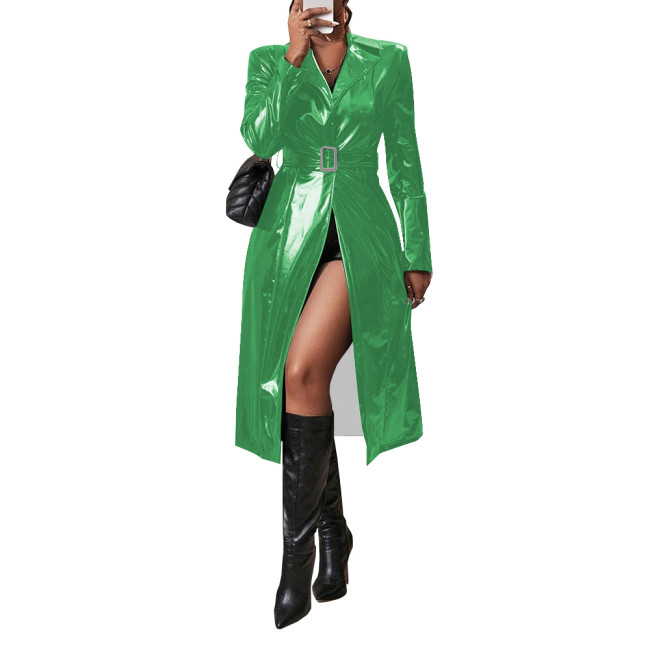 Shiny PVC Leather Belted Trench Coat Winter Clothes Wetlook Women Lapel Long Sleeve Slim Fit Faux Latex Long Coat Sissy Clubwear