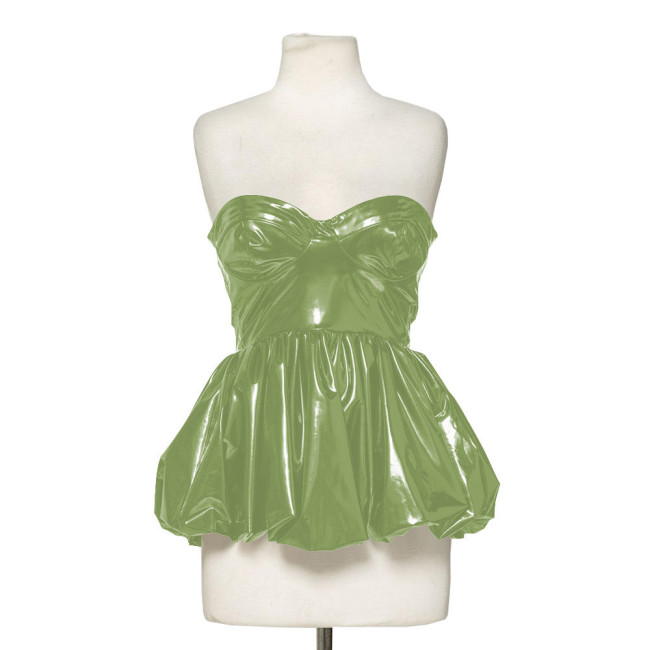Fashion Wetlook Patent Leather Corset Tops Women Sexy Pleated Fluffy Hem Sleeveless Tops Streetwear Beach Party Mini Dresses 7XL