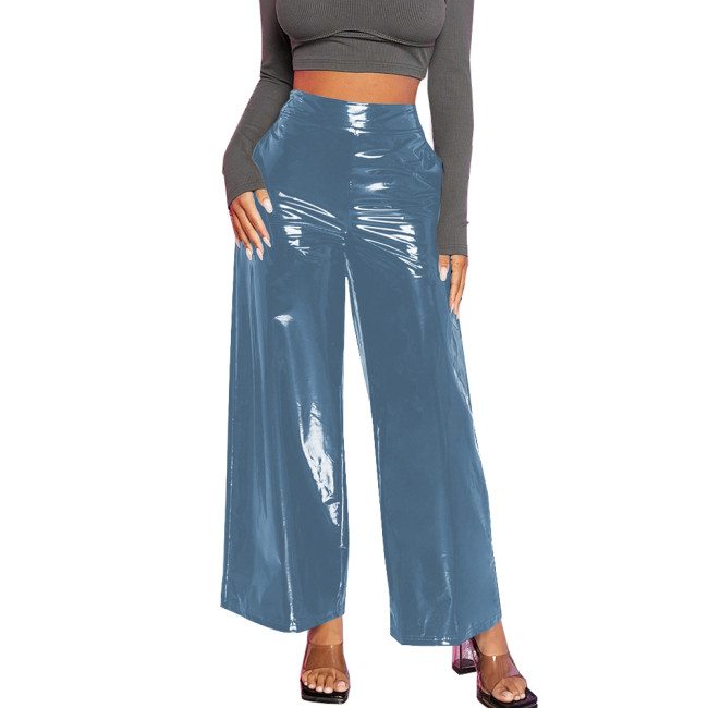 Office Lady Baggy Pants Casual Wetlook PVC Leather Women Clothing High Waist Solid Black Pants Gothic Streetwear Women Pants