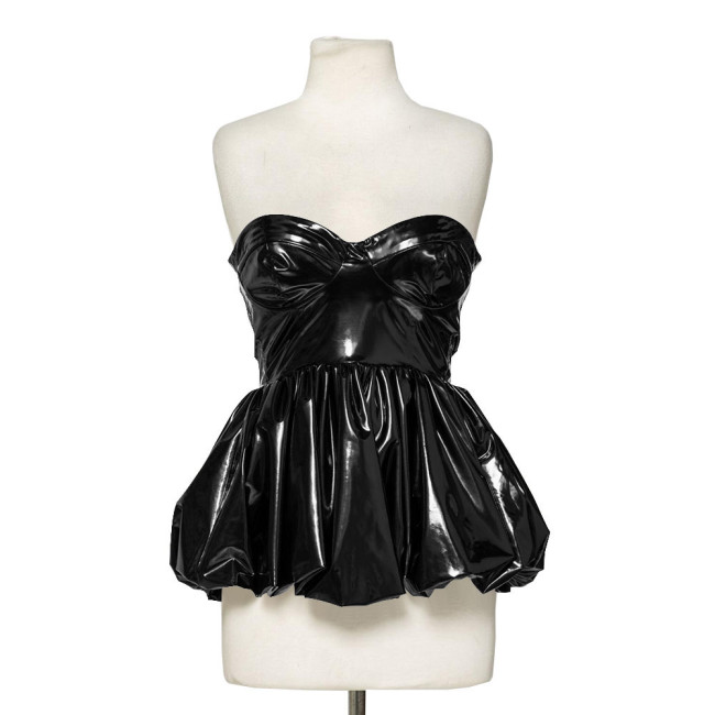 Fashion Wetlook Patent Leather Corset Tops Women Sexy Pleated Fluffy Hem Sleeveless Tops Streetwear Beach Party Mini Dresses 7XL