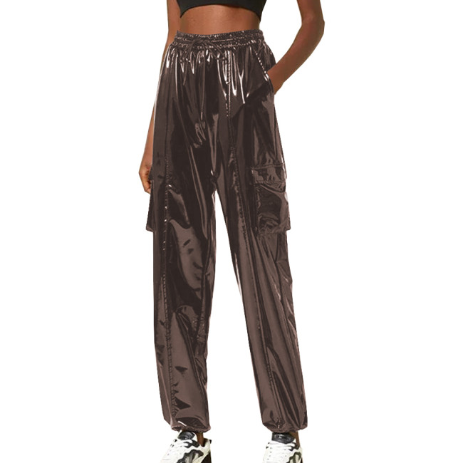 Exotic Loose Harem Pants Women Wetlook Pvc Lingerie Elastic Waist Hip Hop Long Pants Fetish Gay Mens Fetish Wear Solid Bottoms