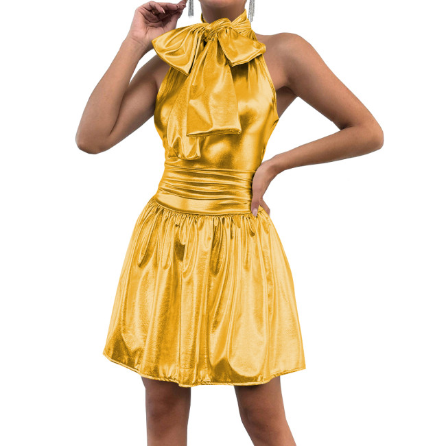 Elegant Halter Sleeveless Ruffled A-line Mini Dress Shiny Metallic Backless Solid Stretch Casual Office Lady Dress Daily Wear