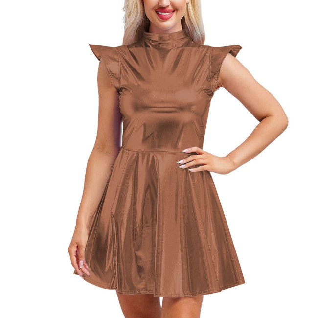 Shiny Metallic Mock Neck Slim Fit Flared Circle Skater Dress Women Sexy Club Back Zipper A-Line Mini Dress Sleeveless Vestidos