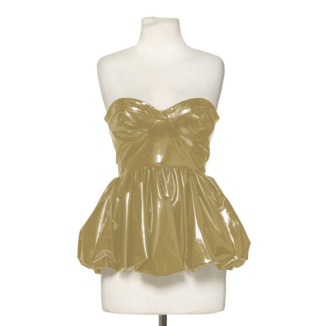 Fashion Wetlook Patent Leather Corset Tops Women Sexy Pleated Fluffy Hem Sleeveless Tops Streetwear Beach Party Mini Dresses 7XL