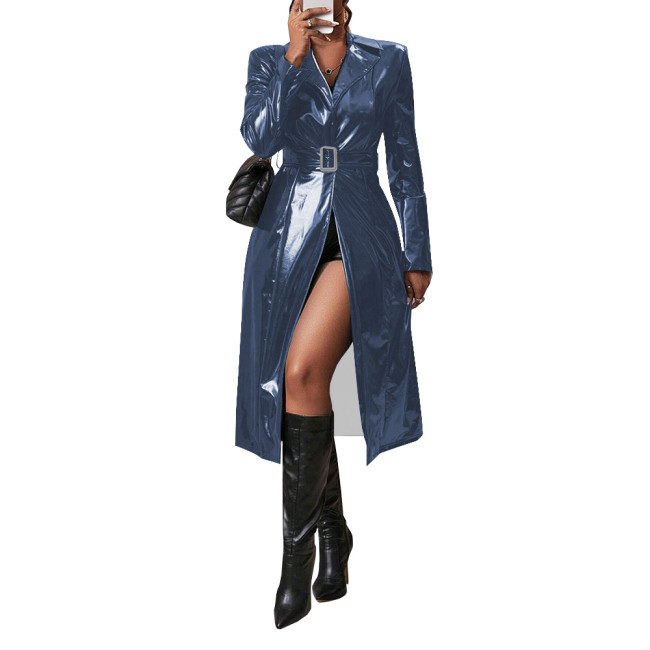 Shiny PVC Leather Belted Trench Coat Winter Clothes Wetlook Women Lapel Long Sleeve Slim Fit Faux Latex Long Coat Sissy Clubwear
