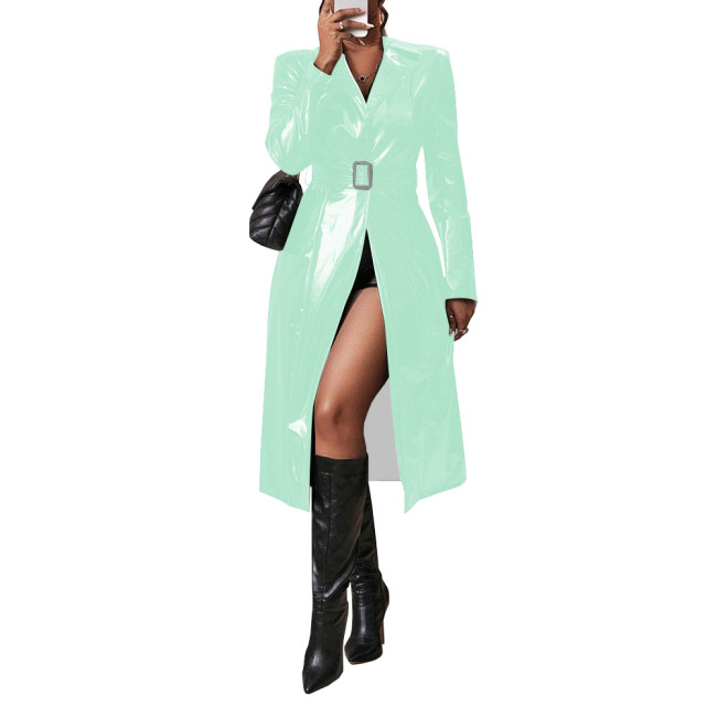 Shiny PVC Leather Belted Trench Coat Winter Clothes Wetlook Women Lapel Long Sleeve Slim Fit Faux Latex Long Coat Sissy Clubwear
