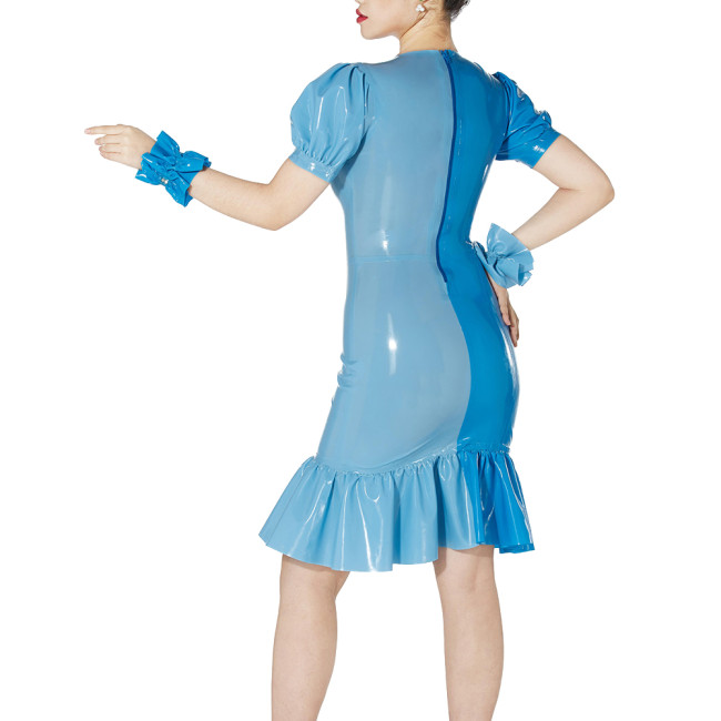 Fashion Ruffles Contrast Color Dress Shiny PVC Puff Short-sleeved Slim Fit Dresses for Party Glossy Leather Knee-length Vestidos