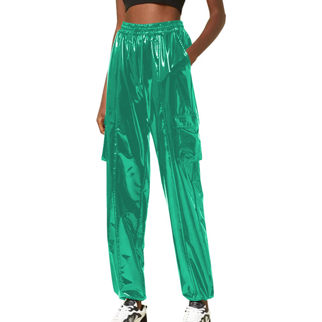 Exotic Loose Harem Pants Women Wetlook Pvc Lingerie Elastic Waist Hip Hop Long Pants Fetish Gay Mens Fetish Wear Solid Bottoms