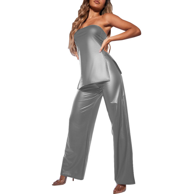 Summer Two Piece Set Women Sexy Club Tube Top Slim Fit Matte High Waist PU Leather Pants Chic Office Lady Pant Sets Streetwear