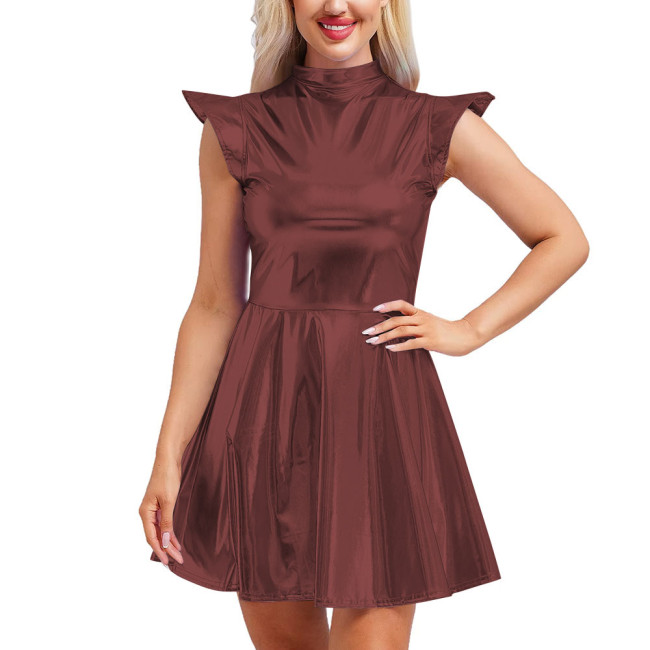 Shiny Metallic Mock Neck Slim Fit Flared Circle Skater Dress Women Sexy Club Back Zipper A-Line Mini Dress Sleeveless Vestidos