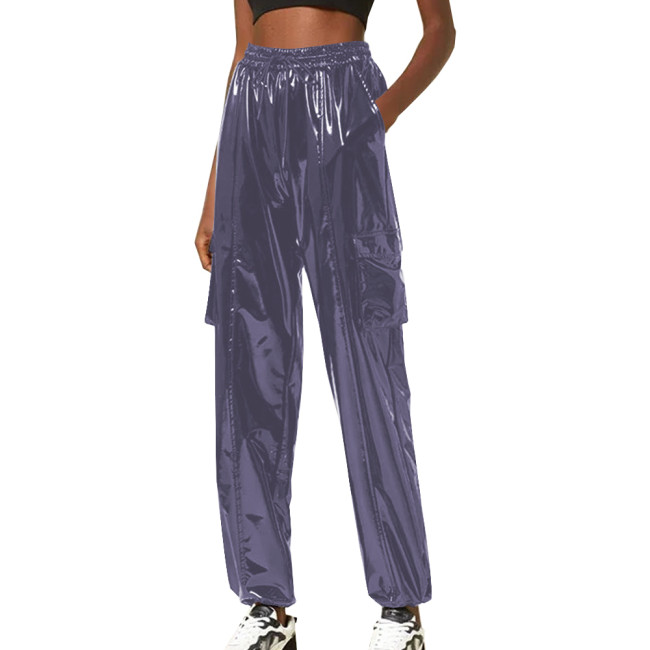 Exotic Loose Harem Pants Women Wetlook Pvc Lingerie Elastic Waist Hip Hop Long Pants Fetish Gay Mens Fetish Wear Solid Bottoms