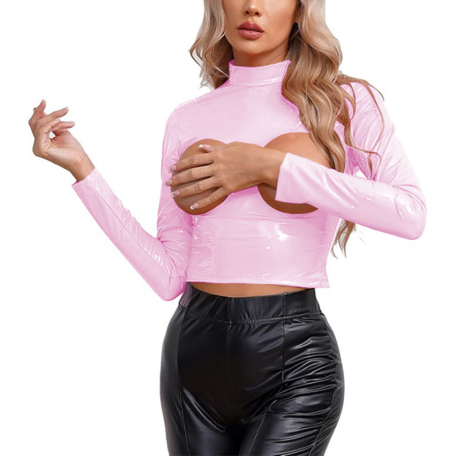 Erotic Sexy Open Chest Crop Top Womens Exotic Lingerie Wetlook PVC Leather Cupless T-shirt Clubwear Night Rave Party Dance Tops