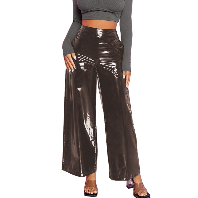 Office Lady Baggy Pants Casual Wetlook PVC Leather Women Clothing High Waist Solid Black Pants Gothic Streetwear Women Pants