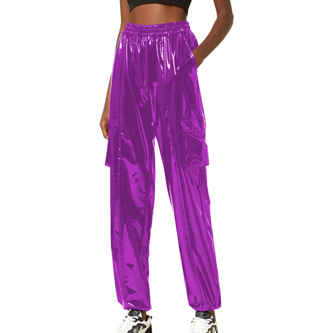 Exotic Loose Harem Pants Women Wetlook Pvc Lingerie Elastic Waist Hip Hop Long Pants Fetish Gay Mens Fetish Wear Solid Bottoms