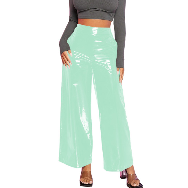 Office Lady Baggy Pants Casual Wetlook PVC Leather Women Clothing High Waist Solid Black Pants Gothic Streetwear Women Pants