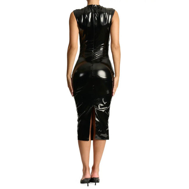 Summer Solid Color High Waist Bodycon Dress PVC Leather Sleeveless Slim Fit Strech Revelry Party Knee-length Pencil Dress New