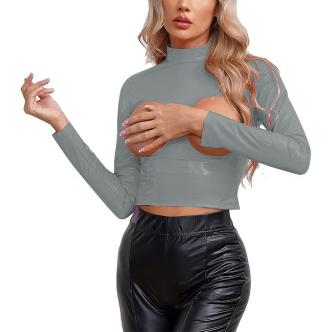 Erotic Sexy Open Chest Crop Top Womens Exotic Lingerie Wetlook PVC Leather Cupless T-shirt Clubwear Night Rave Party Dance Tops