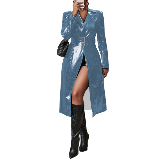 Shiny PVC Leather Belted Trench Coat Winter Clothes Wetlook Women Lapel Long Sleeve Slim Fit Faux Latex Long Coat Sissy Clubwear