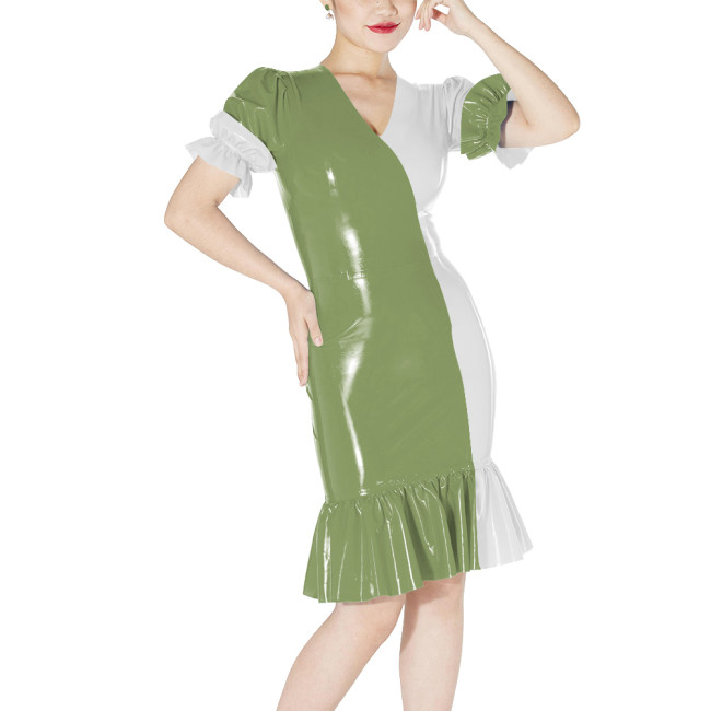 Fashion Ruffles Contrast Color Dress Shiny PVC Puff Short-sleeved Slim Fit Dresses for Party Glossy Leather Knee-length Vestidos