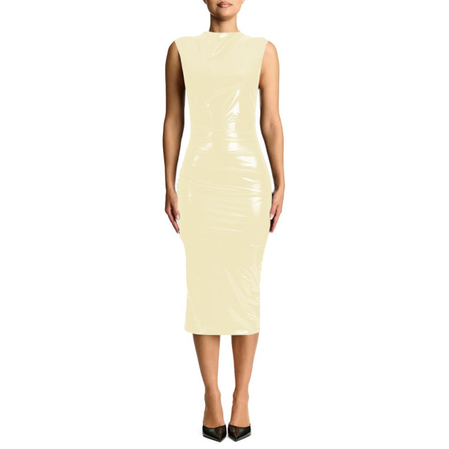 Summer Solid Color High Waist Bodycon Dress PVC Leather Sleeveless Slim Fit Strech Revelry Party Knee-length Pencil Dress New