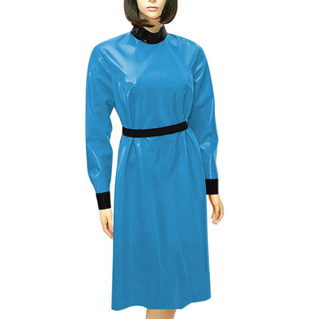 Fashion Patchwork High Waist A-line Dress for Women Long Sleeve Casual PVC Leather Dress Elegance Outdoor Slim Summer Vestidos