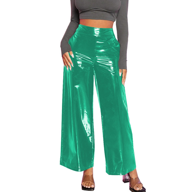 Office Lady Baggy Pants Casual Wetlook PVC Leather Women Clothing High Waist Solid Black Pants Gothic Streetwear Women Pants