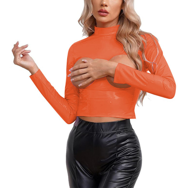 Erotic Sexy Open Chest Crop Top Womens Exotic Lingerie Wetlook PVC Leather Cupless T-shirt Clubwear Night Rave Party Dance Tops