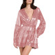 Elegance Long Sleeve Layered Ruffle Sexy Dress Shiny Metallic Pyjama Mini Dress Lady V-neck Women Dress Club Nightwear Fetish