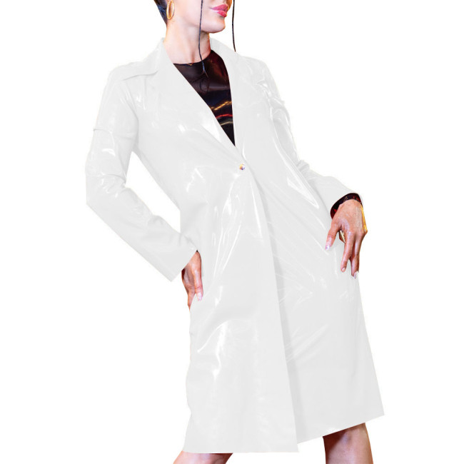 Women New Fashion Slim PVC Shiny Long Sleeve Trench Coats Female Turn-down Collar Solid Color Faux Latex Midi Outwear Casual