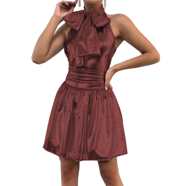 Elegant Halter Sleeveless Ruffled A-line Mini Dress Shiny Metallic Backless Solid Stretch Casual Office Lady Dress Daily Wear