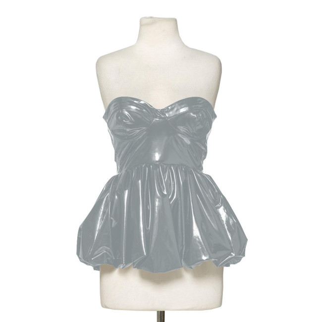 Fashion Wetlook Patent Leather Corset Tops Women Sexy Pleated Fluffy Hem Sleeveless Tops Streetwear Beach Party Mini Dresses 7XL