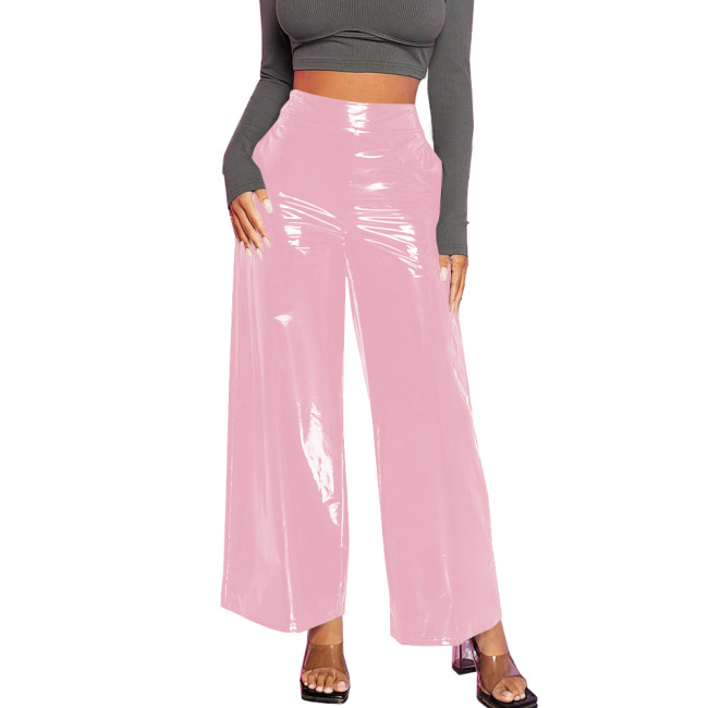 Office Lady Baggy Pants Casual Wetlook PVC Leather Women Clothing High Waist Solid Black Pants Gothic Streetwear Women Pants