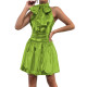 Elegant Halter Sleeveless Ruffled A-line Mini Dress Shiny Metallic Backless Solid Stretch Casual Office Lady Dress Daily Wear