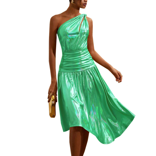 One Shoulder Shiny Holographic Evening Party Dress Summer Slim Fit A-line Sexy Dress for Women Cocktail Nightclub Laser Vestidos