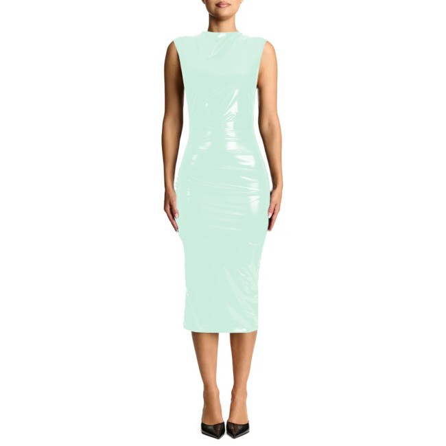Summer Solid Color High Waist Bodycon Dress PVC Leather Sleeveless Slim Fit Strech Revelry Party Knee-length Pencil Dress New